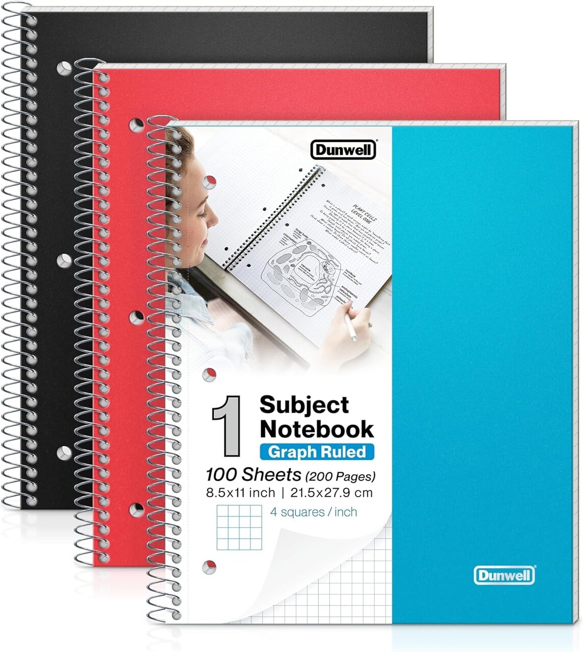 Graph Ruled Notebooks 4X4 (3-Pack, Red, Blue, Black) Plastic Covers, 100 Sheets/Book, 1 Subject 1/4" Grid Spiral Graph Paper Notebook 8.5 X 11, Graphing Notebook, Poly Dividers with Pockets